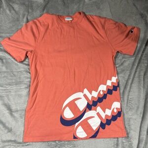 Champion Men's T-Shirt Medium Coral Oversized Spellout Logo Graphic Tee